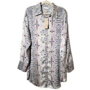 ACOA Artsy Geometric Tribal Boho Silky Satin Long Sleeve Button Up Shirt Dress L